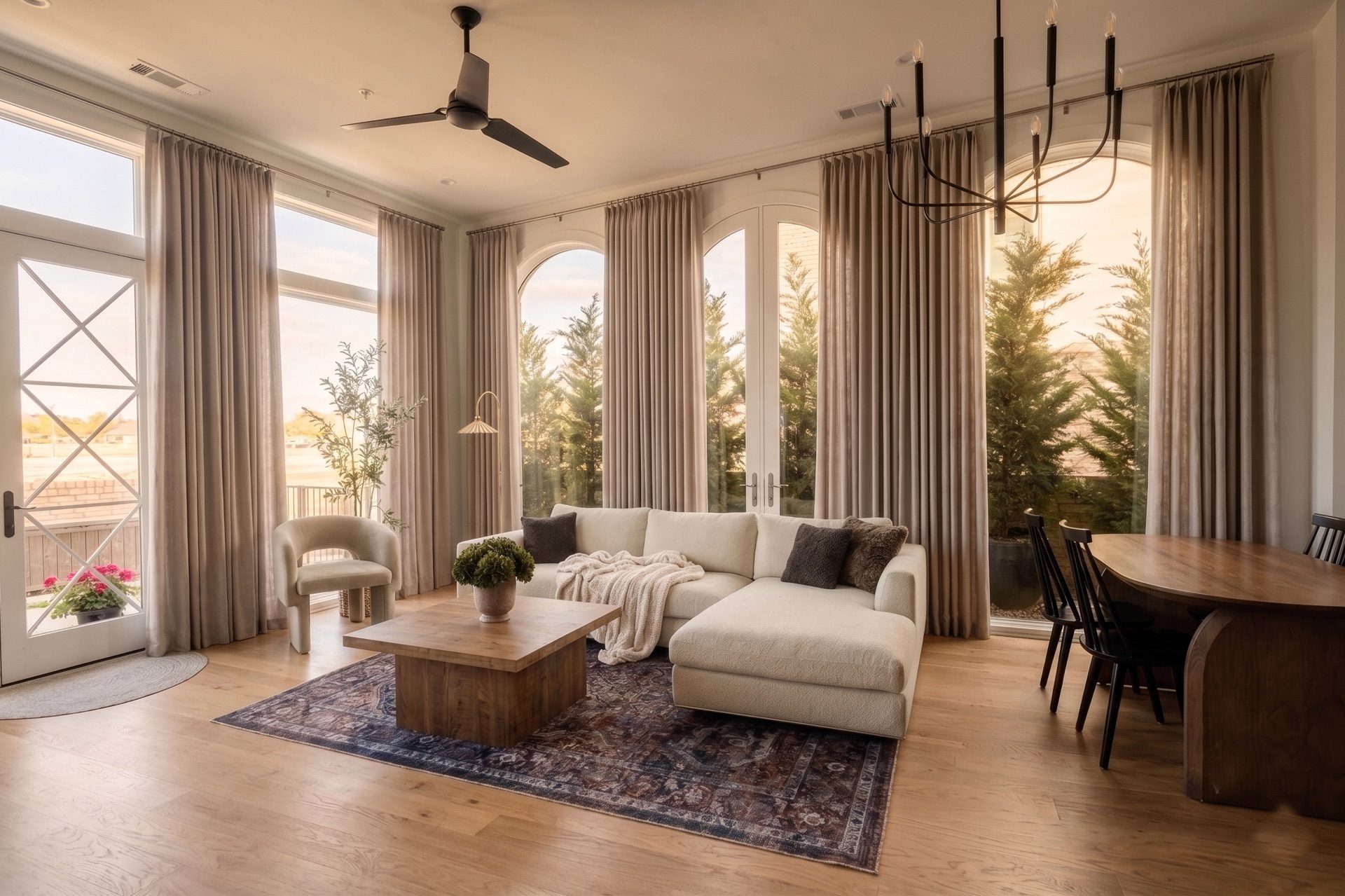 Sunlit living room with linen sectional, full-height drapery and arched windows
