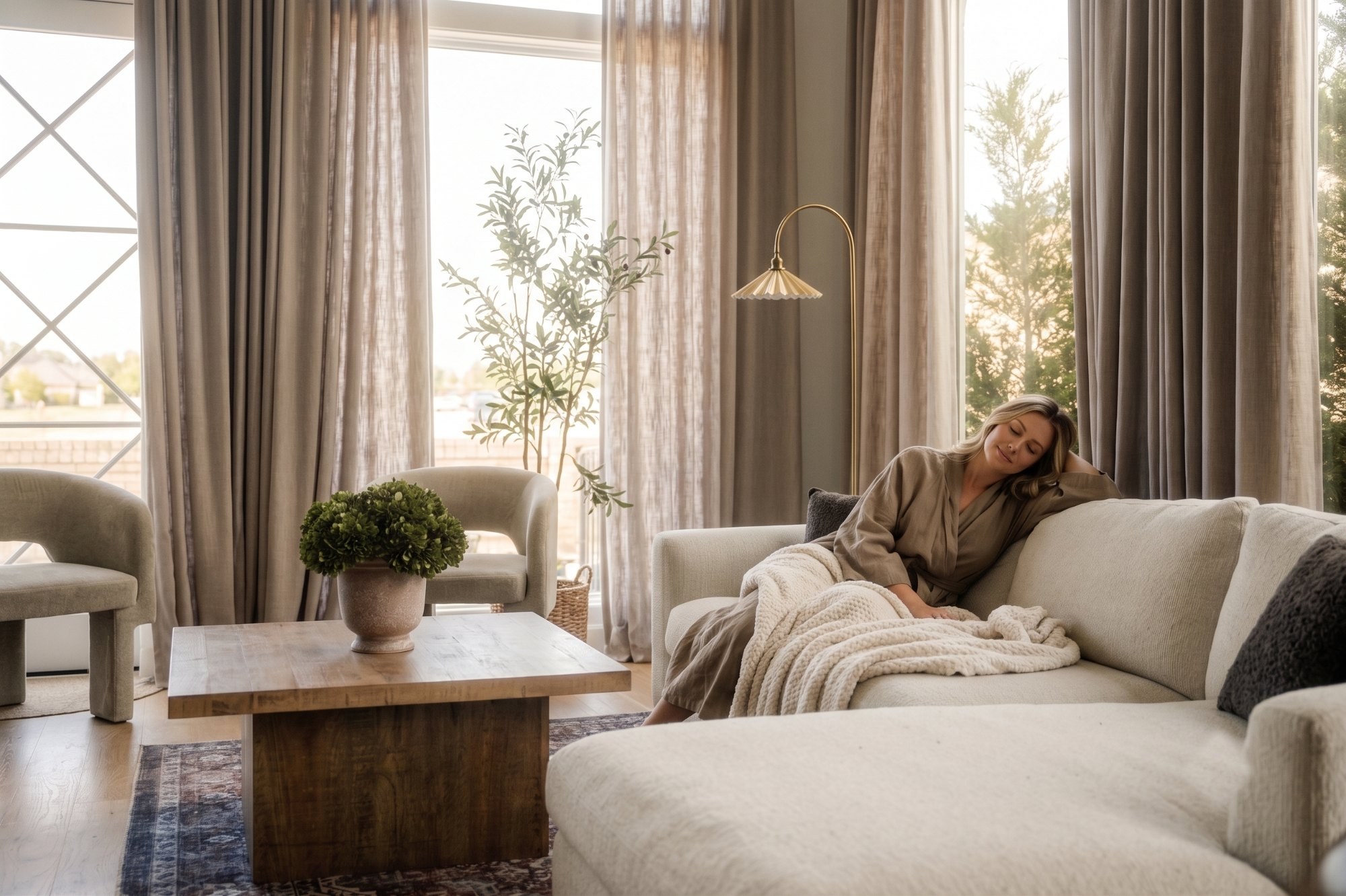 Woman resting on a linen sectional in a sunlit living room with floor-to-ceiling drapery